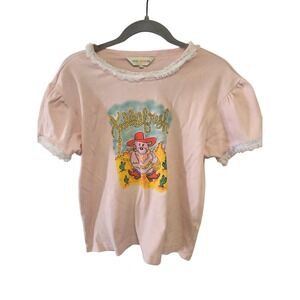 Teddy Fresh Pink Western Bear Graphic T Shirt Womens‎ XL Lace Trim Puff Sleeve